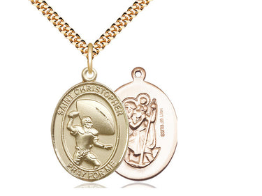 14kt gold filled St. Christopher football medal necklace 1 inch by 3/4 inch pendant 24 inch chain Bliss