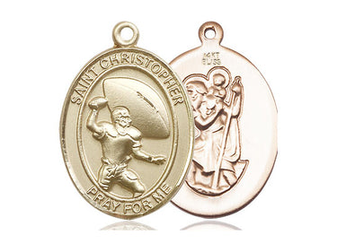 14kt solid gold St. Christopher football medal pendant, 1 inch by 3/4 inch, handmade in USA by Bliss