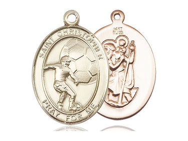 14kt solid gold St. Christopher soccer medal pendant 1 inch by 3/4 inch handcrafted by Bliss Manufacturing USA