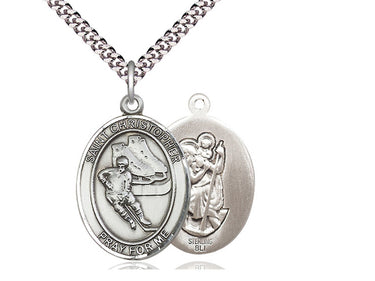 Sterling Silver St. Christopher Hockey Medal Necklace 1 inch by 3/4 inch on 24 inch chain by Bliss