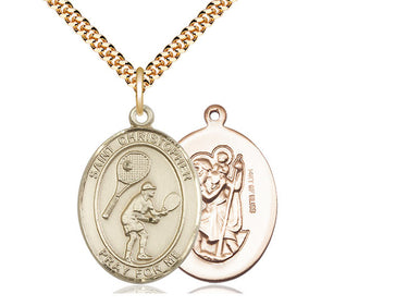14kt Gold Filled St. Christopher Tennis Medal Necklace 1 inch by 3/4 inch with 24 inch chain by Bliss