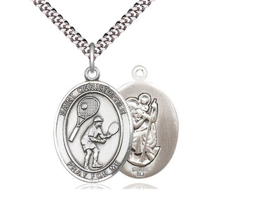 Sterling Silver St. Christopher Tennis Medal Necklace 1 inch by 3/4 inch with 24 inch chain by Bliss