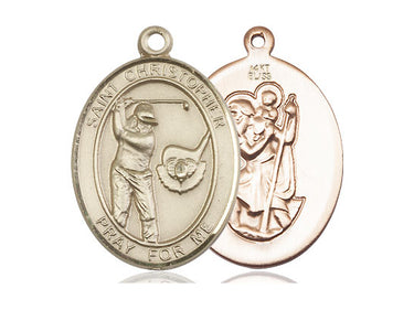 14kt solid gold St. Christopher golf medal pendant, 1 inch by 3/4 inch, handcrafted by Bliss Manufacturing