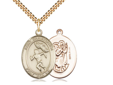 14kt Gold Filled St Christopher Track and Field Medal Necklace 1 inch by 3/4 inch on 24 inch Curb Chain by Bliss