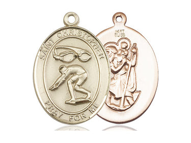 14kt Solid Gold St. Christopher Swimming Medal Pendant 1x3/4 inch handcrafted by Bliss