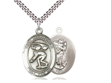 Sterling Silver St. Christopher Swimming Medal Necklace 1x3/4 inch with 24 inch chain by Bliss