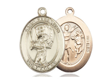14kt solid gold St. Sebastian baseball medal pendant, 1 inch by 3/4 inch, handmade in USA by Bliss Manufacturing