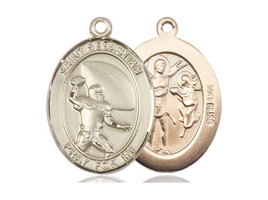 14kt solid gold St. Sebastian football medal pendant, 1 inch by 3/4 inch, handmade in USA by Bliss