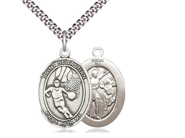 Sterling Silver St. Sebastian Basketball Medal Necklace 1x3/4 inch on 24 inch chain by Bliss Manufacturing