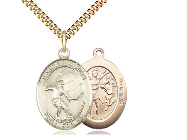 14kt gold filled St. Sebastian soccer medal necklace 1 inch pendant 24 inch curb chain by Bliss Manufacturing