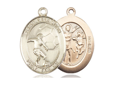 14kt solid gold St. Sebastian soccer medal pendant 1 inch by 3/4 inch handcrafted by Bliss Manufacturing