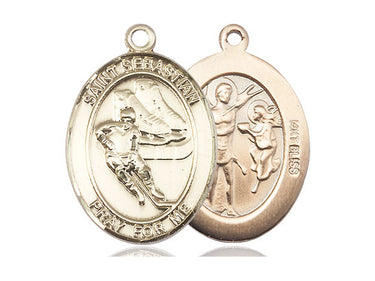 14kt Solid Gold St. Sebastian Hockey Medal Pendant 1x3/4 inch handcrafted by Bliss Manufacturing USA