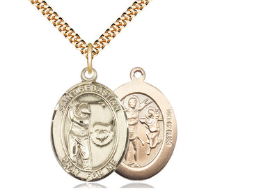 14kt gold filled St. Sebastian golf medal necklace with 24 inch chain, 1 inch by 3/4 inch pendant, Bliss Manufacturing
