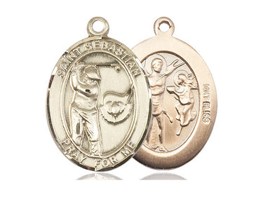 14kt solid gold St. Sebastian golf medal pendant, 1 inch by 3/4 inch, handcrafted by Bliss Manufacturing USA