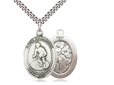 Sterling Silver St. Sebastian Wrestling Medal Necklace 1 x 3/4 inch on 24 inch chain by Bliss