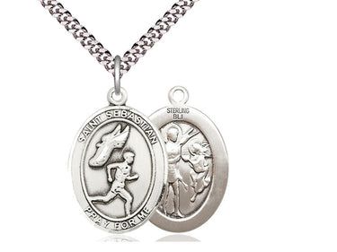 Sterling Silver St. Sebastian Track and Field Medal Necklace 1 inch by 3/4 inch on 24 inch chain by Bliss