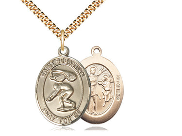 14kt Gold Filled St. Sebastian Swimming Medal Necklace 1x3/4 inch with 24 inch chain by Bliss
