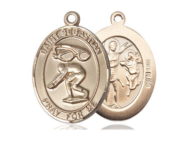 14kt Solid Gold St. Sebastian Swimming Medal Pendant 1x3/4 inch handcrafted by Bliss