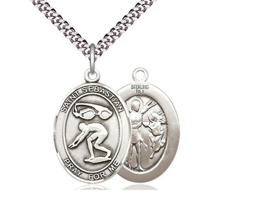 Sterling Silver St. Sebastian Swimming Medal Necklace 1x3/4 inch pendant 24 inch chain Bliss USA