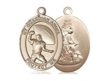 14kt solid gold Guardian Angel football medal pendant 1 inch by 3/4 inch handcrafted by Bliss Manufacturing
