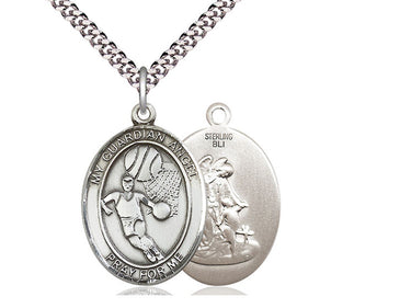 Sterling Silver Guardian Angel Basketball Medal Necklace 1 inch x 3/4 inch pendant on 24 inch chain handmade by Bliss