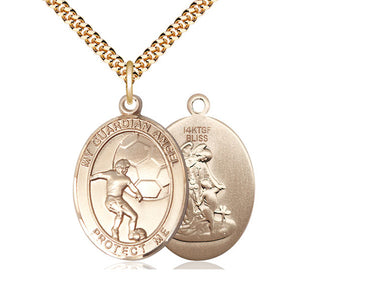 14kt gold filled Guardian Angel soccer medal necklace 1 inch pendant 24 inch curb chain by Bliss Manufacturing