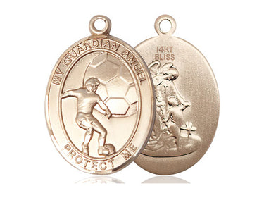 14kt Solid Gold Guardian Angel Soccer Medal Pendant 1 inch by 3/4 inch Medium Size Handcrafted by Bliss