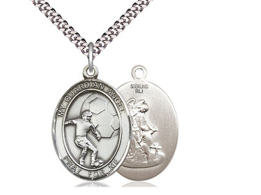 Sterling Silver Guardian Angel Soccer Medal Necklace 1 inch by 3/4 inch with 24 inch Curb Chain by Bliss