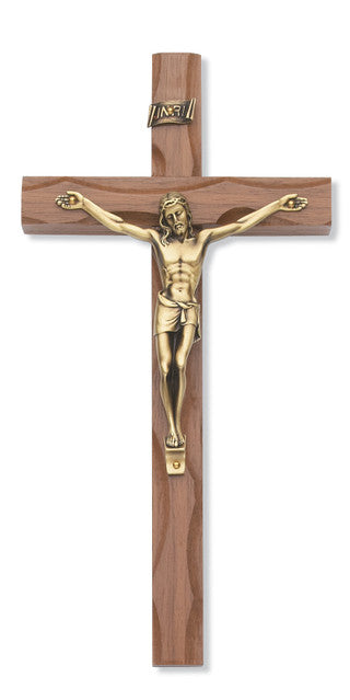 10 inch walnut wood Catholic wall crucifix with detailed Italian corpus in traditional design