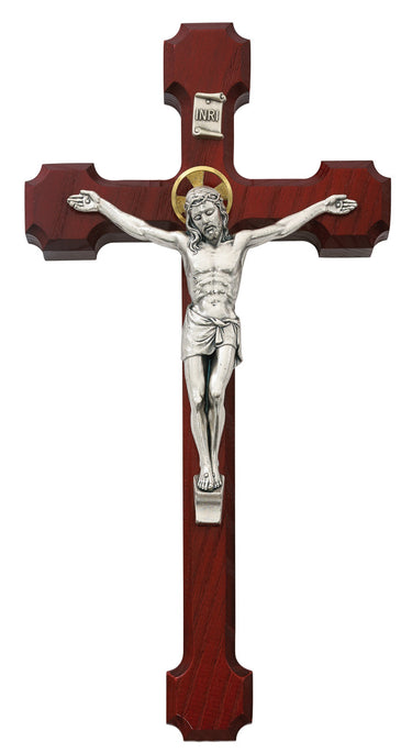10 inch Cherry Wood Wall Crucifix with detailed resin corpus, contemporary Catholic design, made in USA