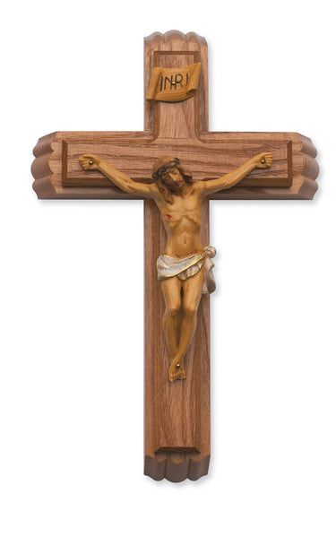 12 inch oak wood sick call crucifix set with walnut stain finish candles and holy water for anointing