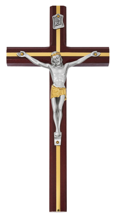 10 inch cherry wood wall crucifix with gold inlay accents contemporary Catholic design gift boxed