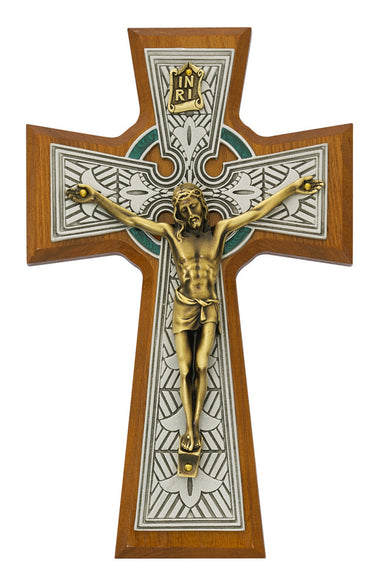 8 inch walnut Celtic wall crucifix with intricate knotwork handcrafted by Autom