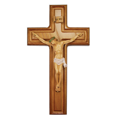 10 inch hand-carved walnut wood Catholic wall crucifix with detailed resin corpus in gift box