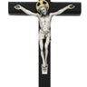 10 inch black wood wall crucifix with silver pewter corpus and INRI plaque in deluxe gift box
