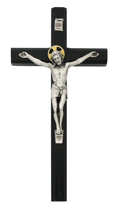 10 inch black wood wall crucifix with silver pewter corpus and INRI plaque in deluxe gift box