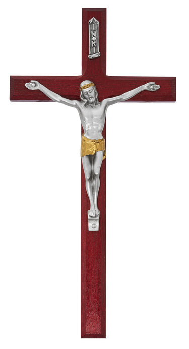 10 inch cherry wood wall crucifix with detailed resin corpus, handcrafted Catholic home decor in gift box