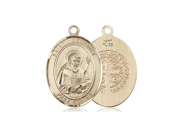 14kt solid gold St. Benedict patron saint medal pendant 3/4 x 1/2 inches handcrafted by Bliss Manufacturing USA