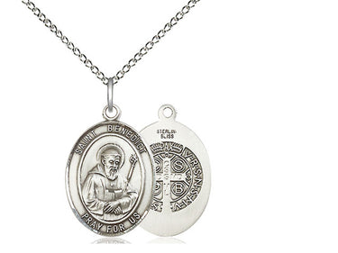 Sterling silver St. Benedict patron saint medal necklace with 3/4 inch pendant on 18 inch curb chain, handcrafted by Bliss Manufacturing USA