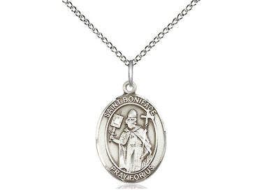 Sterling silver St. Boniface patron saint medal necklace with 3/4 inch pendant on 18 inch curb chain, handcrafted by Bliss Manufacturing USA
