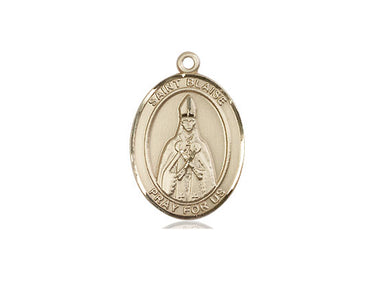 14kt solid gold St. Blaise patron saint medal pendant, 3/4 inch by 1/2 inch, handcrafted by Bliss Manufacturing USA