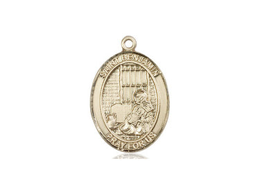 14kt solid gold St. Benjamin patron saint medal pendant, 3/4 inch by 1/2 inch, handcrafted by Bliss Manufacturing USA