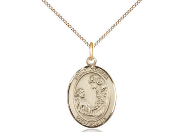 14kt gold filled St. Cecilia patron saint medal necklace with 18-inch chain, handcrafted by Bliss Manufacturing