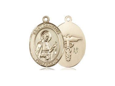 14kt solid gold St. Camillus of Lellis patron saint medal pendant for nurses and EMTs, 3/4 x 1/2 inches, handcrafted in USA by Bliss Manufacturing