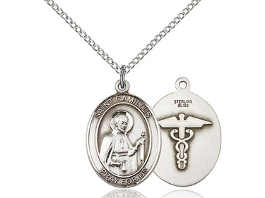 Sterling silver St. Camillus of Lellis patron saint pen-shaped medal necklace 3/4x1/2 with 18 inch chain by Bliss