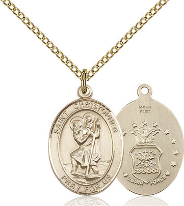 14kt Gold Filled St. Christopher Air Force medal necklace 3/4 x 1/2 inch with 18 inch chain by Bliss