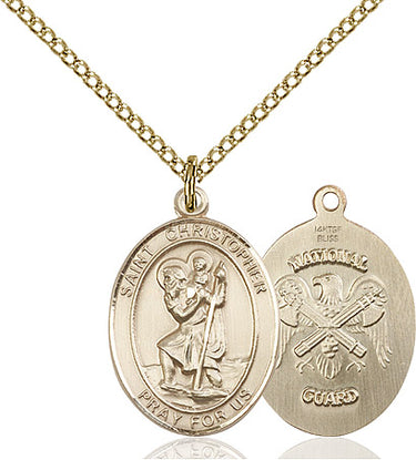 14kt Gold Filled St. Christopher National Guard Medal Necklace 3/4 inch x 1/2 inch on 18 inch chain by Bliss