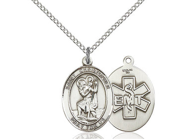 Sterling silver St. Christopher EMT patron saint medal necklace for paramedics and first responders, 3/4 x 1/2 pendant on 18 inch chain, handcrafted by Bliss