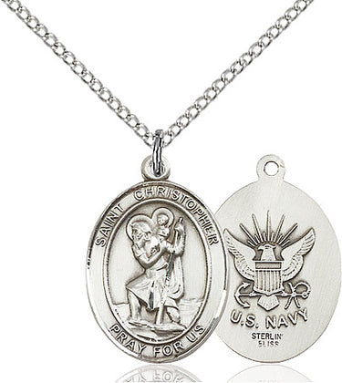 Sterling silver St. Christopher Navy patron saint medal necklace, 3/4 x 1/2 inch, 18 inch chain, handmade by Bliss