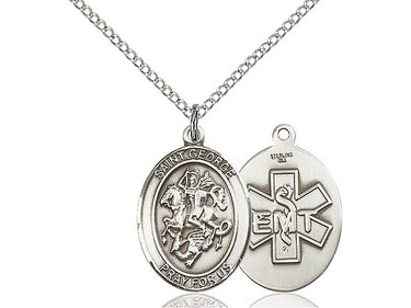Sterling silver St. George EMT patron saint medal necklace for paramedics and first responders, 3/4 x 1/2 pendant on 18 inch chain, handcrafted by Bliss